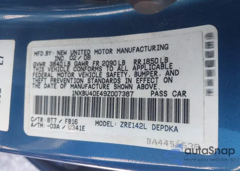 2009 Toyota Corolla S/Le/Xle z USA, uszkodzony, nr VIN 1NXBU40E49Z007387